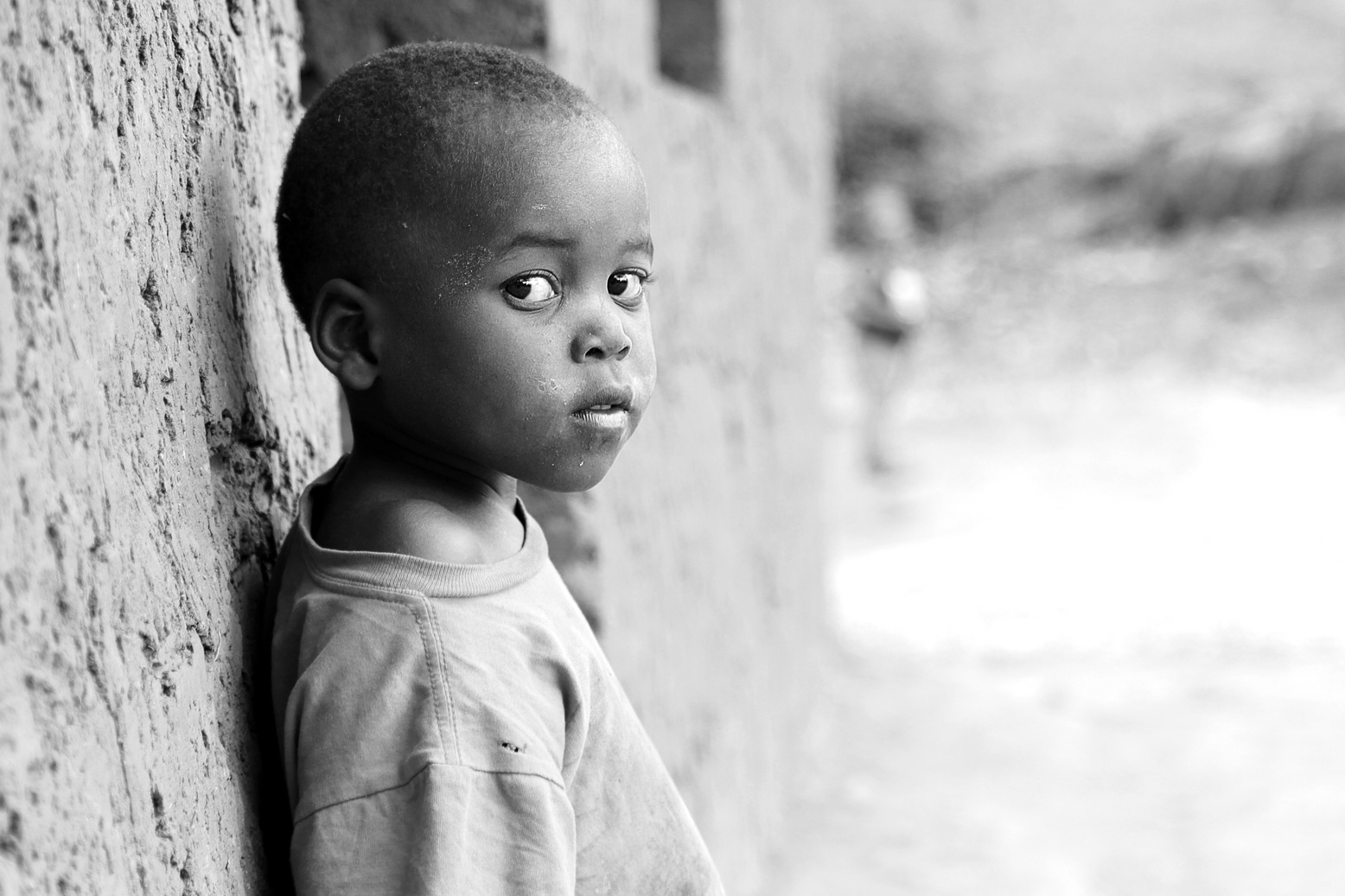 White and Black Portrait of Child Outdoors